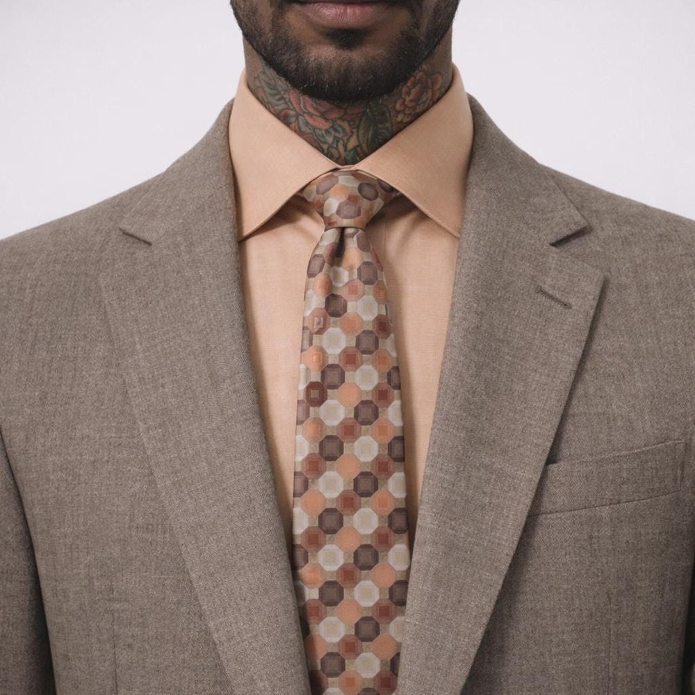 70s Vintage Geometric Neck Tie Mens OS Peach Hexagonal Silk Retro